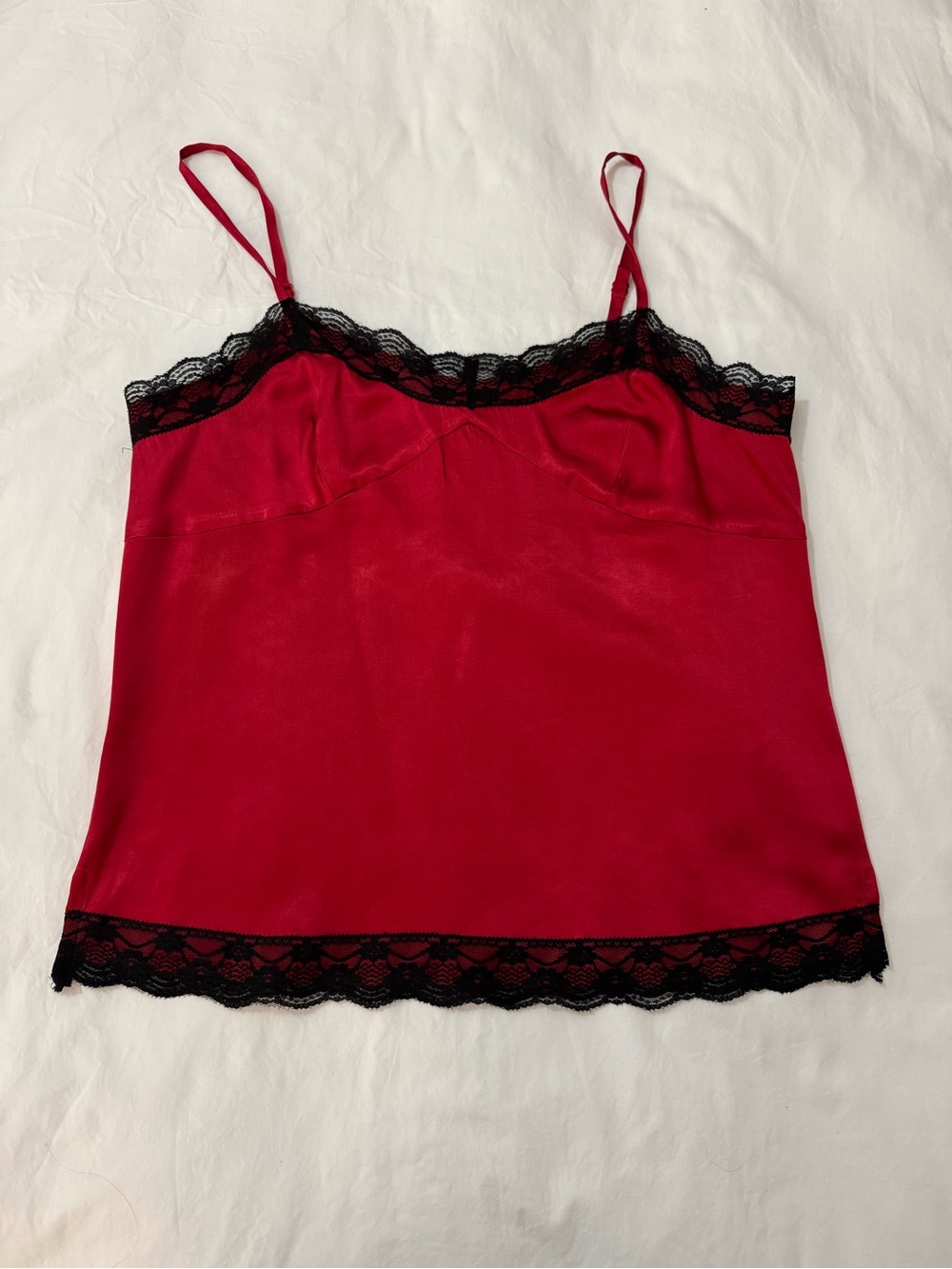 Sweet Lily Red Silk Blend Camisole Black Lace Trim Spaghetti Strap Tank Top Sz M